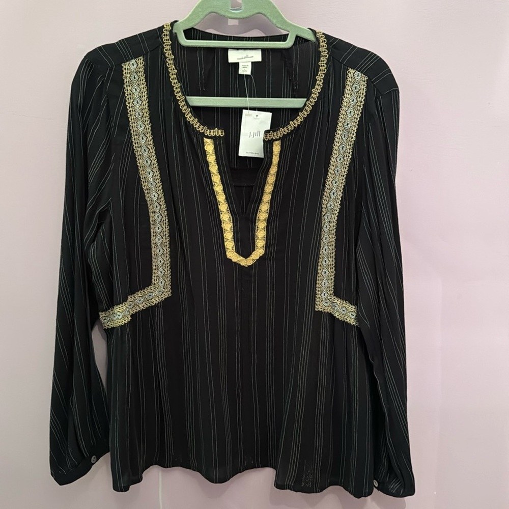 J.Jill size L petite bohemian black pin-striped top, gold lace embroidery detail
